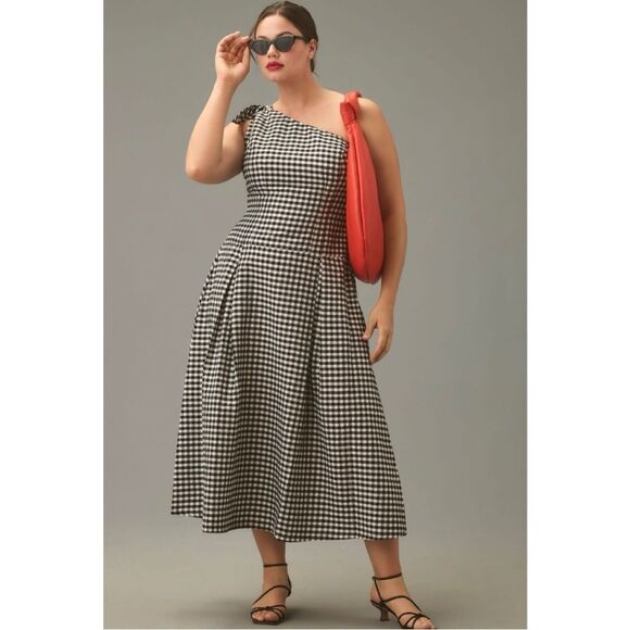 NEW By Anthropologie Black & White One-Shoulder Drop Waist Gingham Dress Small - Picture 5 of 7